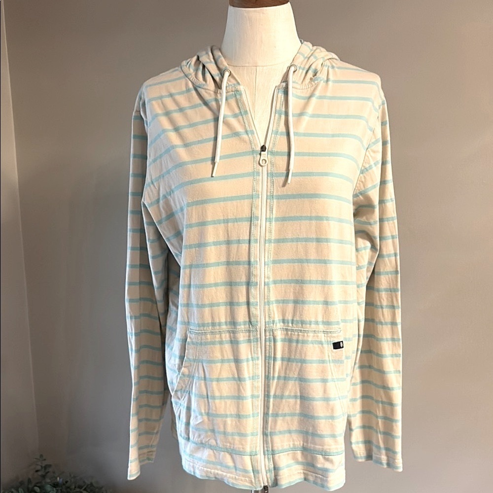 NIKE 60 women’s cotton striped 2 way zip up hoodie lightweight cream aqua size L